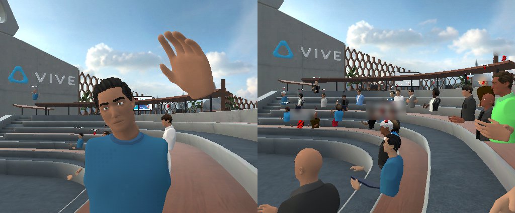 Two side-by-side screenshots from a VR setting, with a male avatar waving on the left and multiple avatars seated in a stadium on the right