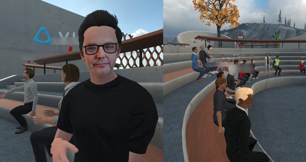 Two side-by-side screenshots from a VR setting, with a male avatar smiling on the left and multiple avatars seated in a stadium on the right