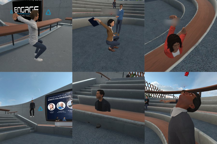 A collage of six screenshots from a VR setting depicting six avatars doing yoga