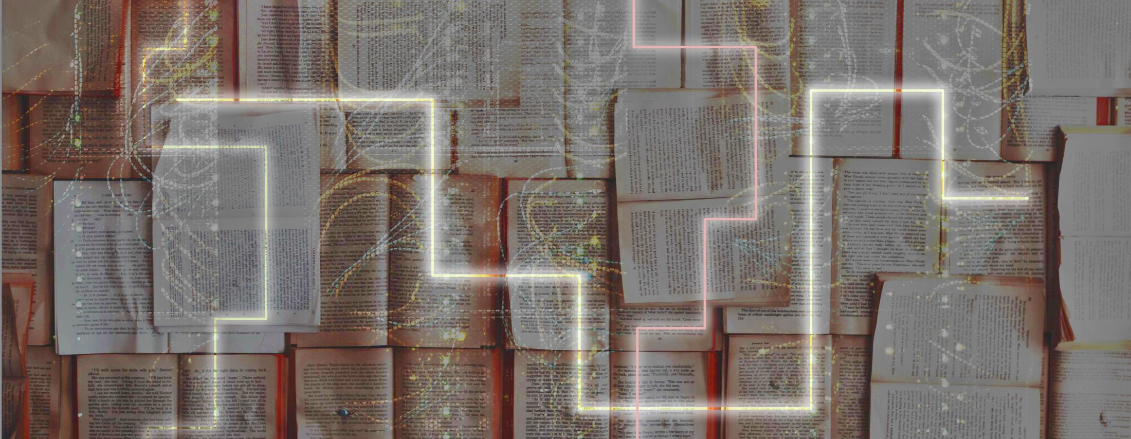 Multiple open books spread out with neon-coloured lines and bright glitch effect