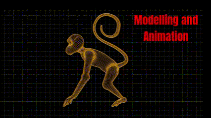 3D modelling and animation: An animated GIF showing a golden 3D model of a monkey, with the red text 'Modelling and Animation' displayed on top right.