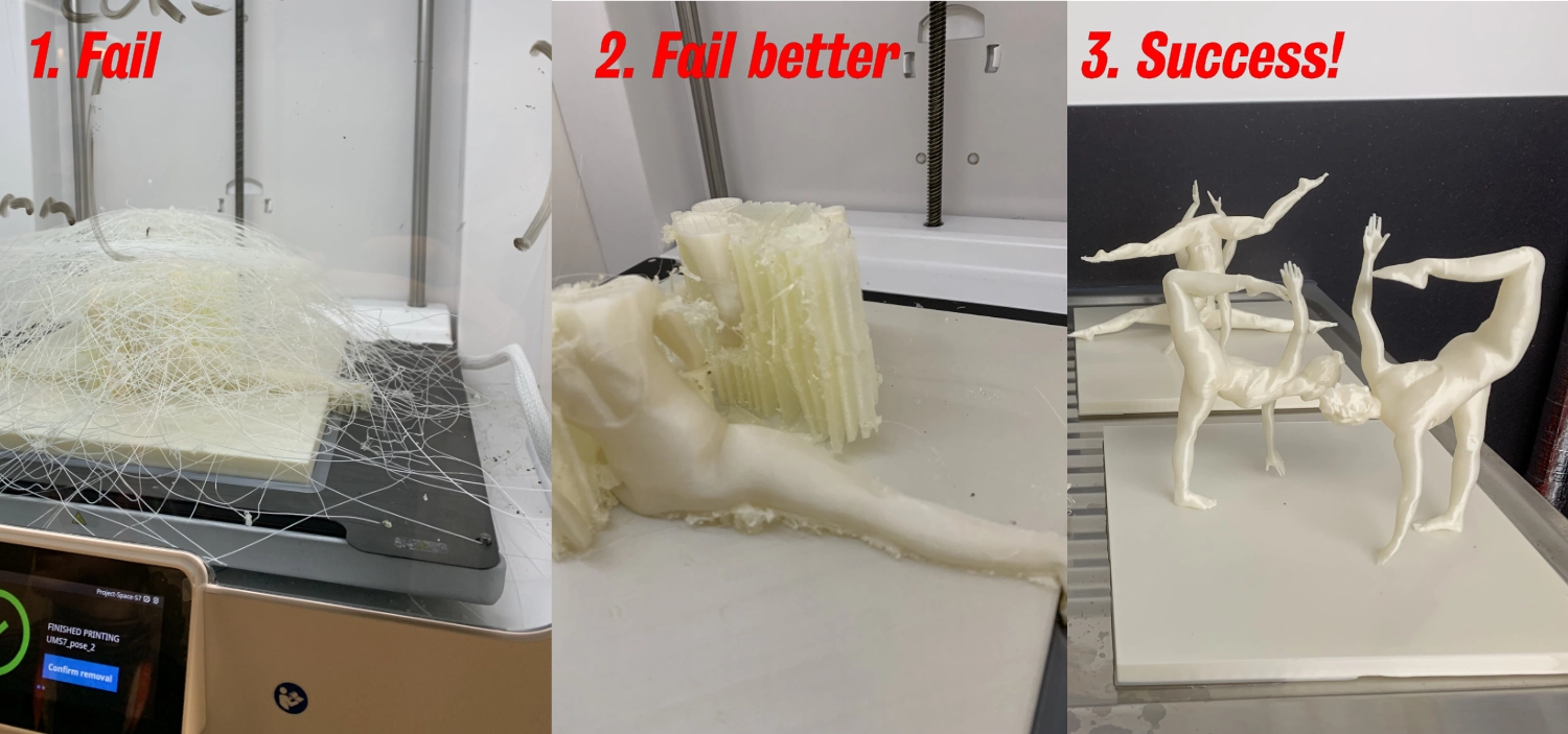 A progression of three 3D printing attempts, with number 1 a failed print with a pile of filament, number 2 a slightly improved print with parts of a figure, and number 3 a successful and clean print of three human figures standing on the printer bed.