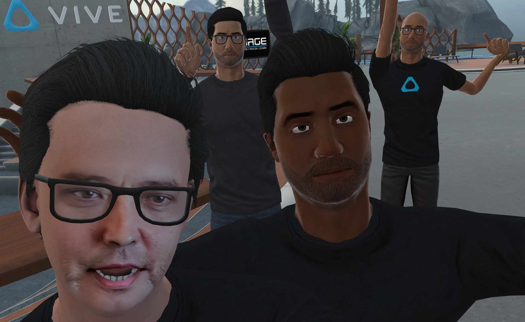 A screenshot from a VR setting featuring four male avatars on a group selfie