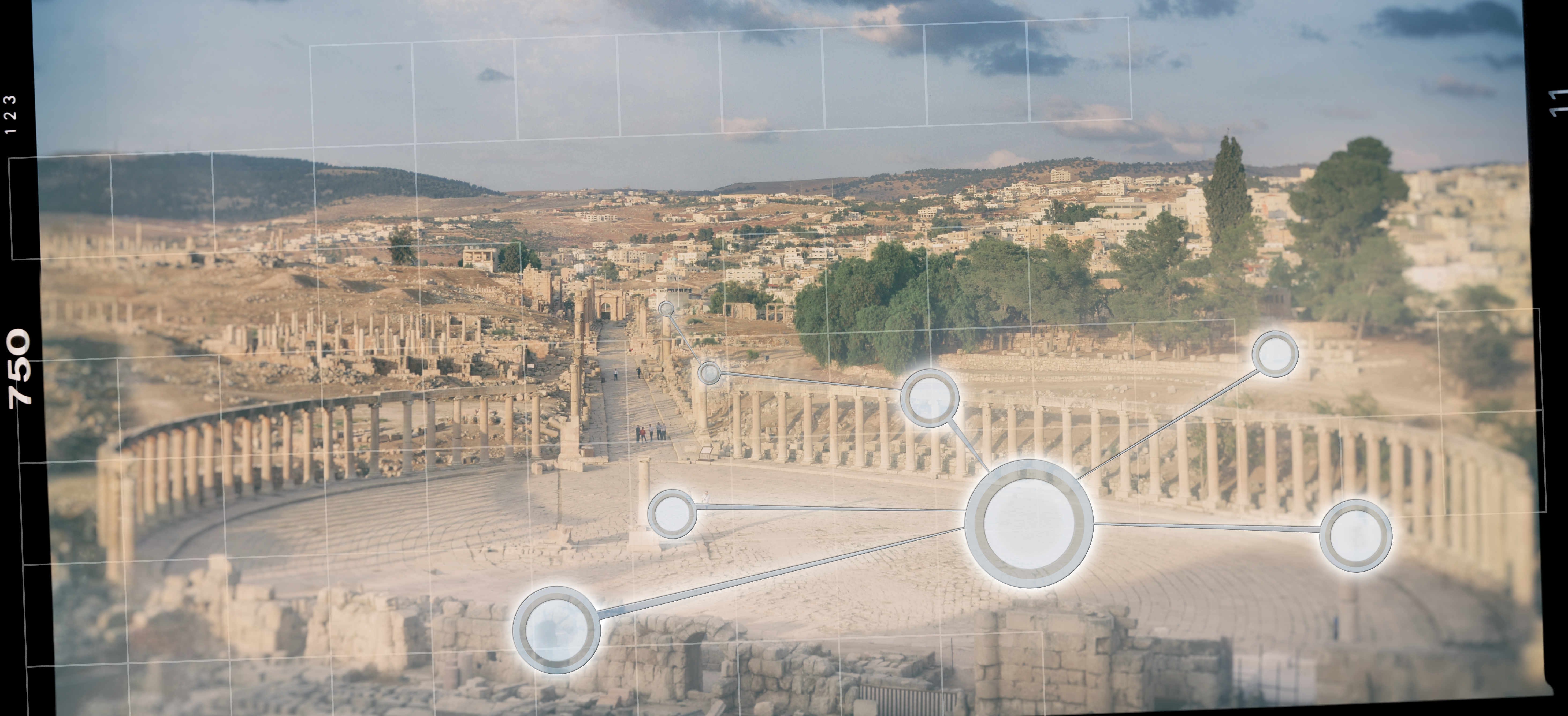 A picturesque image of the ancient ruins and modern city of Jerash in Jordan with connecting dots laid above